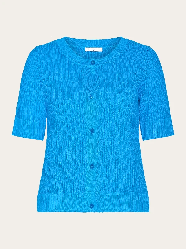 Short sleeve knitted cardigan - OCS/Vegan - Malibu Blue Chenille Brocade Lace