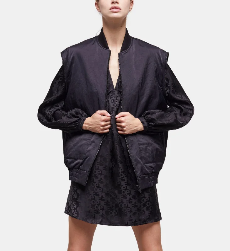 Black Satin Bomber Jacket With Detachable Sleeves