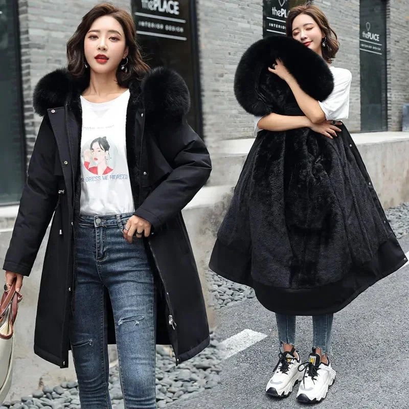 Women Parka Clothes Long Coat Wool Liner Hooded Jacket Fur Collar Thick Warm Snow Wear Fashion Parka