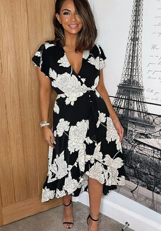 Ax Paris Mono Floral Wrap Midi Dress Uk8****Ref V489