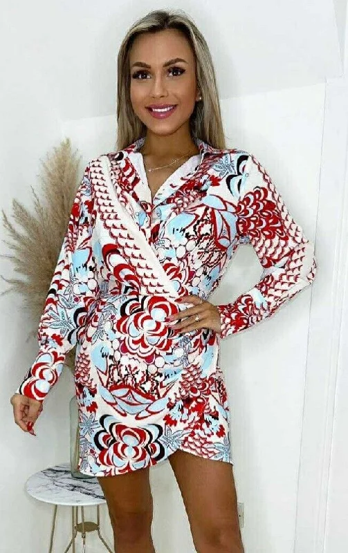 Ax Paris Red And Blue Abstract Wrap Shirt Dress Uk10****Ref V440