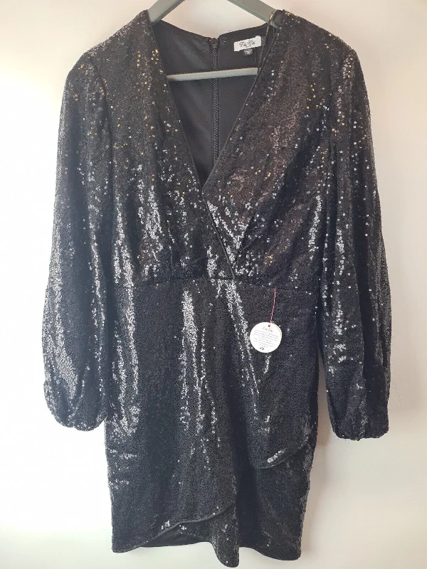 Chi Chi London Long Sleeve Plunge Sequin Mini Dress Black Size 14 ****V498