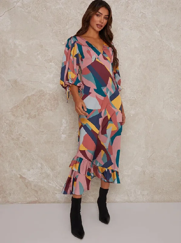 Chi Chi London Vneck Puff Sleeve Graphic Print Maxi Dress. UK 8. **** Ref V496