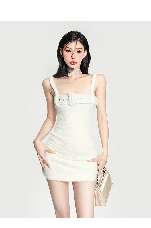 Emmy Solid Color Spaghetti Strap Belt Strap Slim Fluff Mini Dress