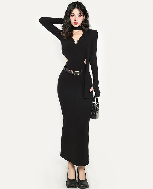 Imani Solid Color Black Side Cut Out V-Neck Long Sleeve Slim Belt Waist Dress