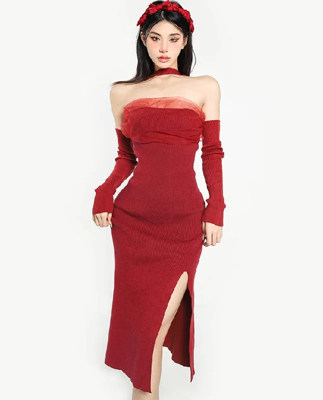 Kristina Solid Color Mesh Patchwork Sleeveless Gloved Slim Side Slit Dress