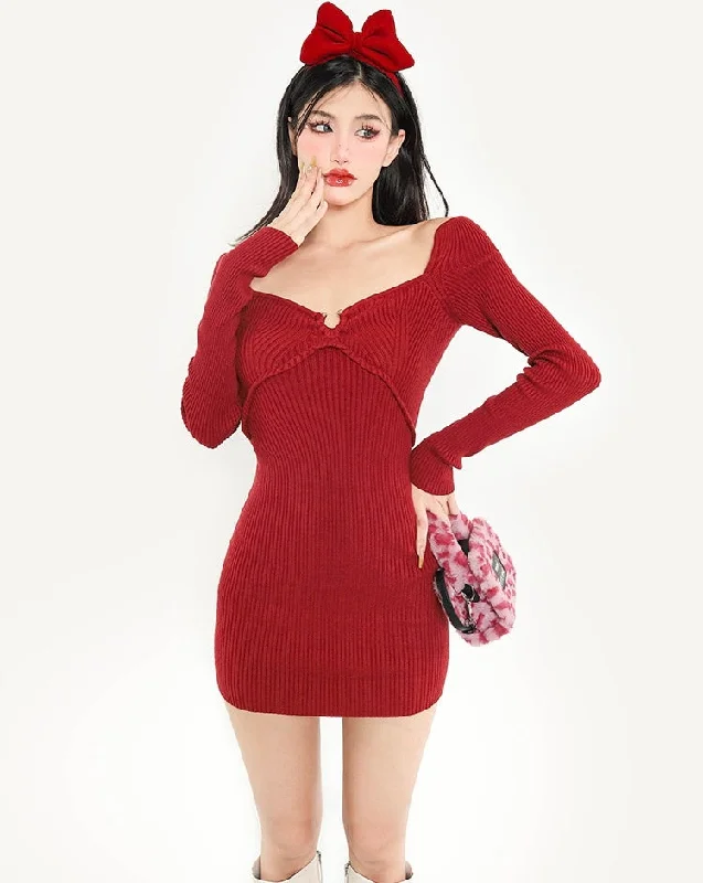 Little Bow Miss Christmas Solid Color Red Square Neck Long Sleeve Slim Ribbed Mini Dress