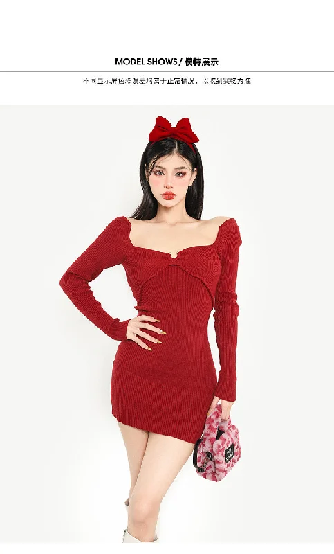 Little Bow Miss Christmas Solid Color Red Square Neck Long Sleeve Slim Ribbed Mini Dress