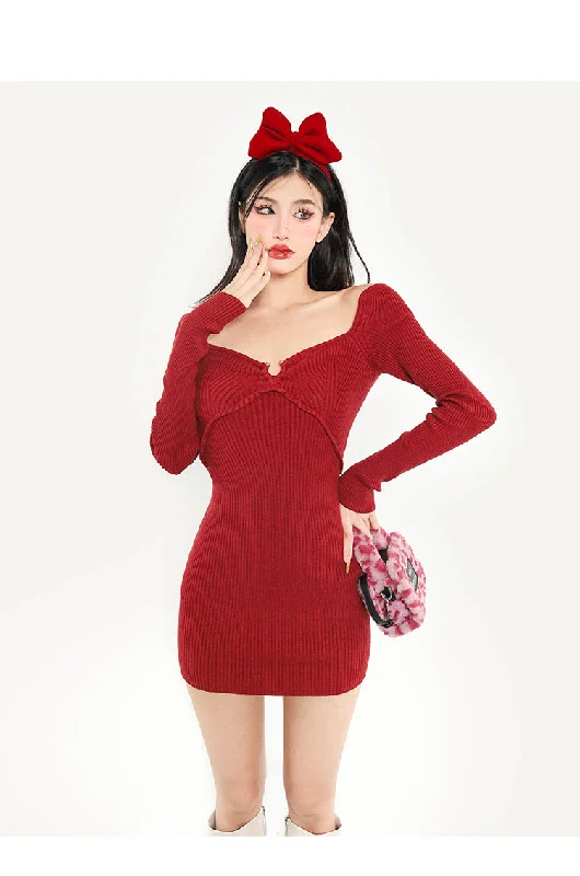 Little Bow Miss Christmas Solid Color Red Square Neck Long Sleeve Slim Ribbed Mini Dress