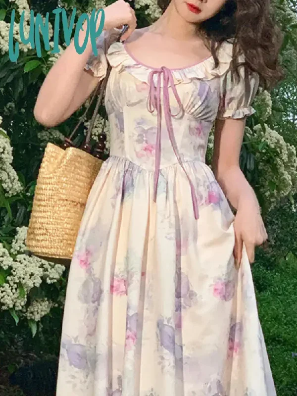 Lunivop France Elegant Floral Print Dress Women Bow Vintage Party Long Dress Female Puff Sleeve Korean Fashion Princess midi Dress