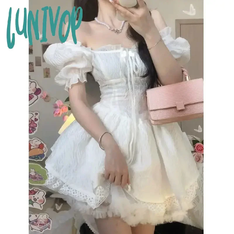 Lunivop Summer Bow Kawaii Fairy Dress Women Solid Lace Y2k Party Mini Dress Female Casual Korean Fashion Elegant Lolita New