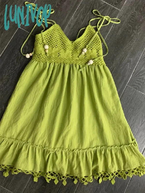 Lunivop Summer Green Designer Kawaii Dress Women Korean Style Elegant Beach Dress Female Backless Vintage Casual Suspender Dress