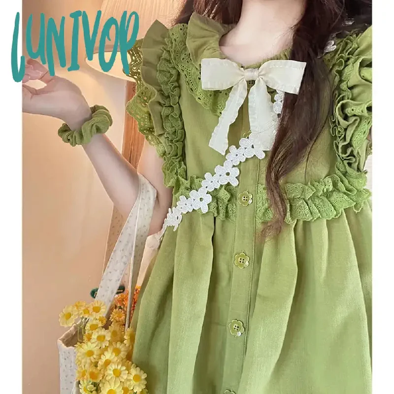 Lunivop Summer Green Kawaii Lolita Dress Women Bow Designer Party Mini Dress Female Casual Korean Fashion Lace Elegant Cute Dress