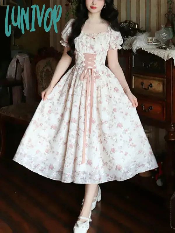 Lunivop Summer Korean Fashion Lace Fairy Dress Women Square Collar Princess Kawaii Floral Print Dress Female Bandage Sweet Dress