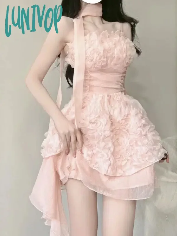 Lunivop Summer Pink Flower Elegant Dress Women Backless Sweet Party Mini Dress Female Korean Fashion Designer Princess Dress New