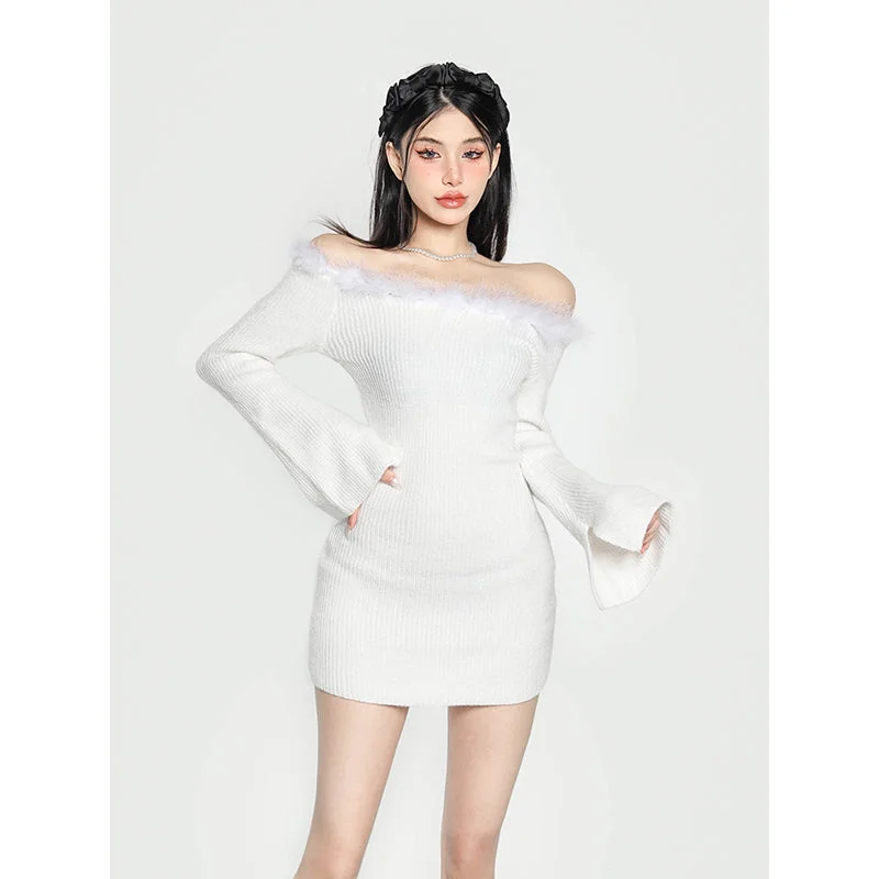 Natalia Solid Color Ribbed Fluff Collar Patchwork Flare Sleeve Mini Dress