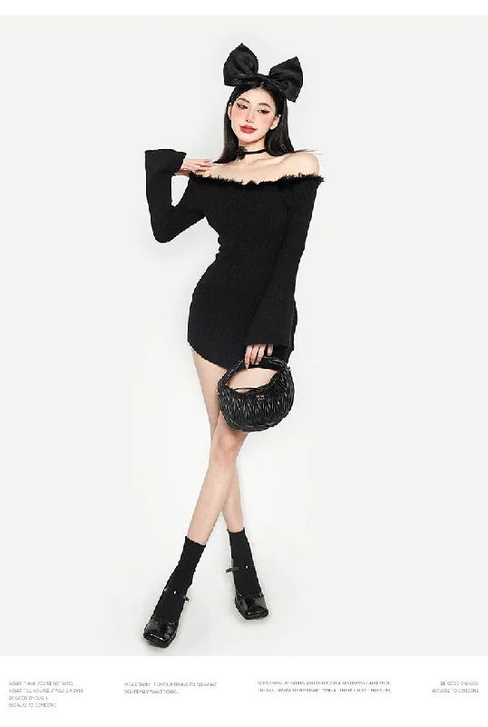 Natalia Solid Color Ribbed Fluff Collar Patchwork Flare Sleeve Mini Dress