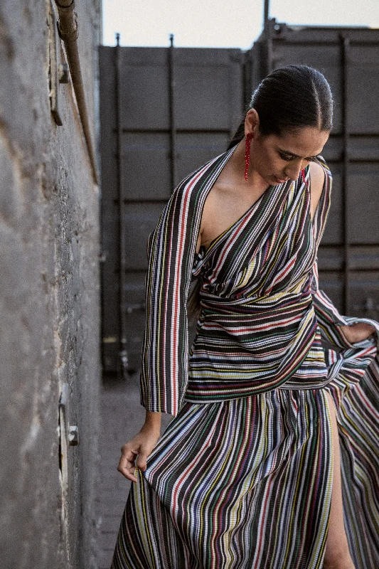 One Shoulder Stripe Seersucker Gown