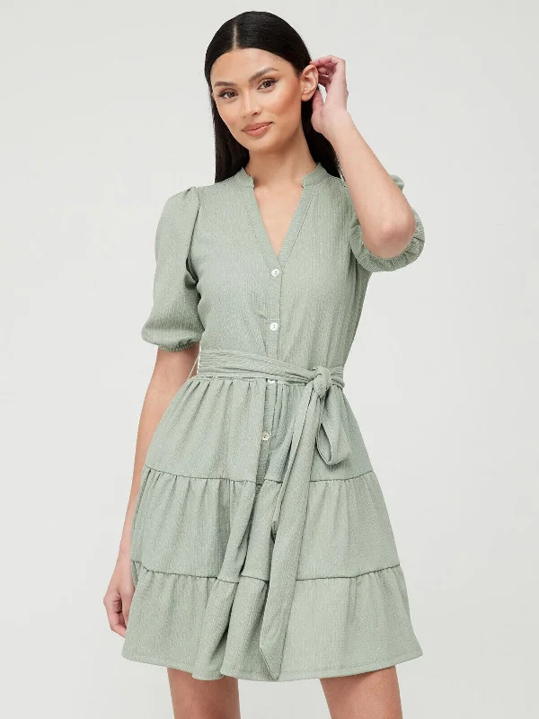 Tiered Button Up Mini Dress - Sage Green. UK 12. V59