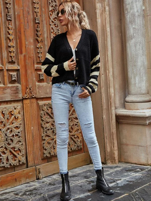 Knitted Striped Women Cardigan Sweater