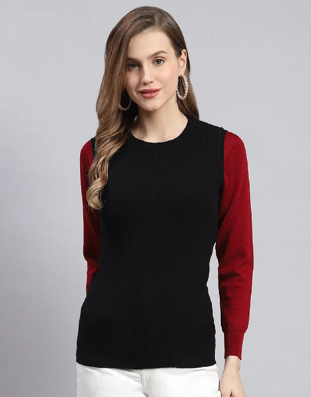 Women Black Solid Round Neck Sleeveless Sweater