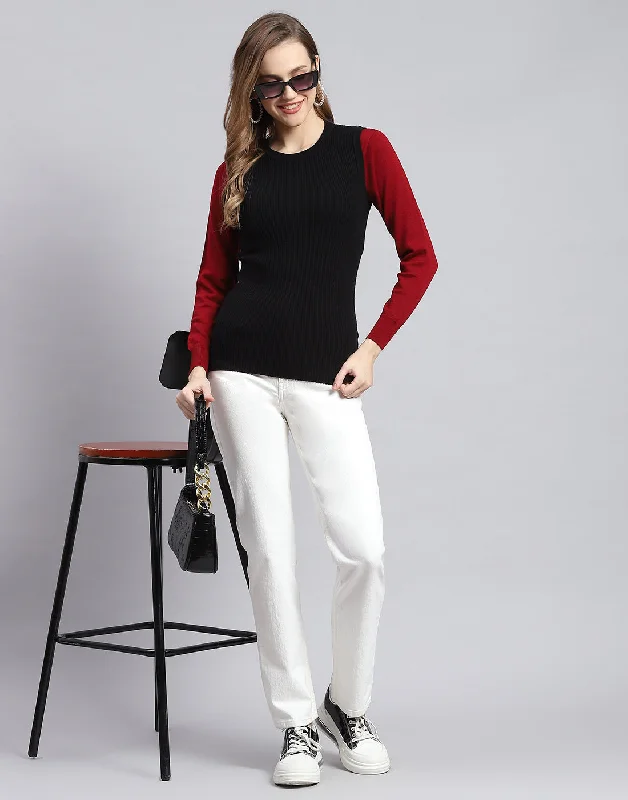 Women Black Solid Round Neck Sleeveless Sweater