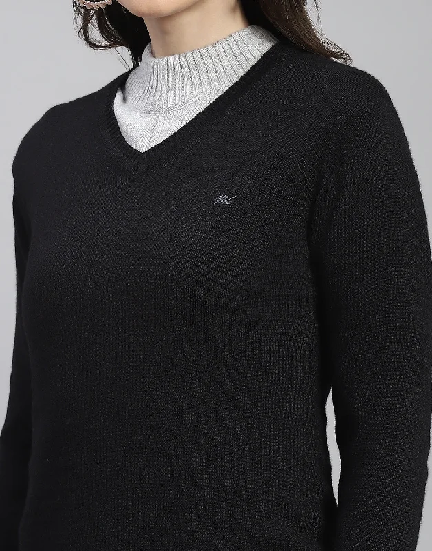 Women Black Solid V Neck Full Sleeve Sweater