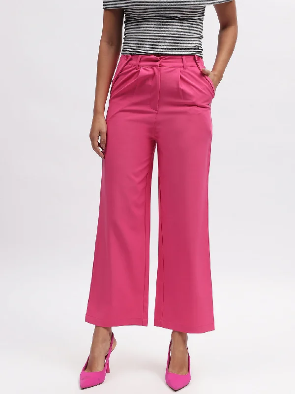 Elle Women Fuchsia Solid Straight Fit Trouser