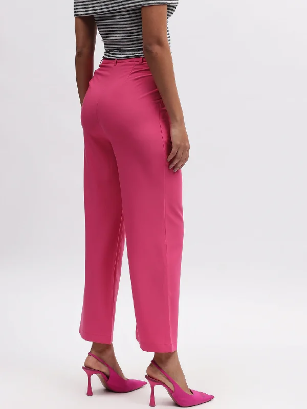 Elle Women Fuchsia Solid Straight Fit Trouser