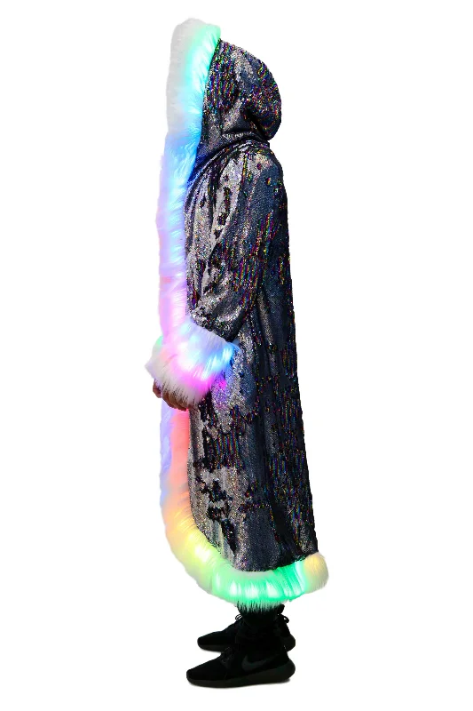 Men's LED Sequin King Coat in ""Silver Hologram- Rainbow Stripe""