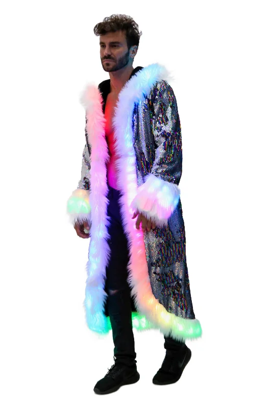 Men's LED Sequin King Coat in ""Silver Hologram- Rainbow Stripe""