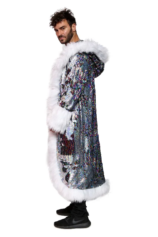 Men's LED Sequin King Coat in ""Silver Hologram- Rainbow Stripe""