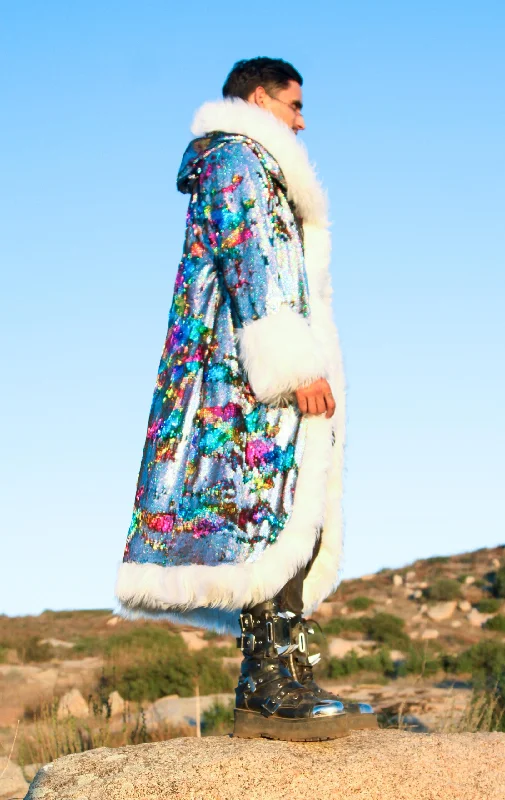 Men's LED Sequin King Coat in ""Silver Hologram- Rainbow""