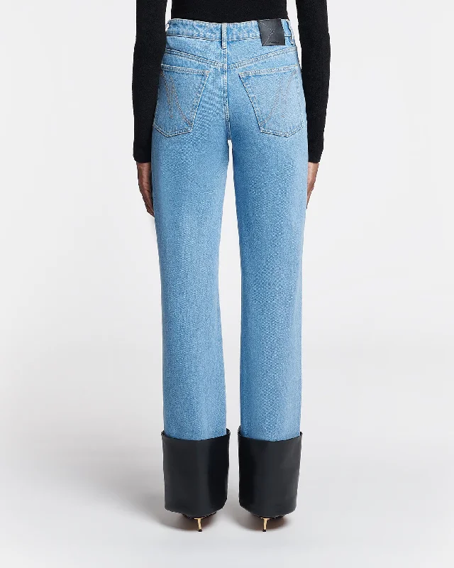 Raynee - Leather-Trimmed Straight-Leg Jeans - Mid Blue