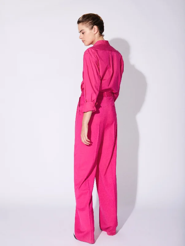 Pantalon à plis taille haute en gabardine rose