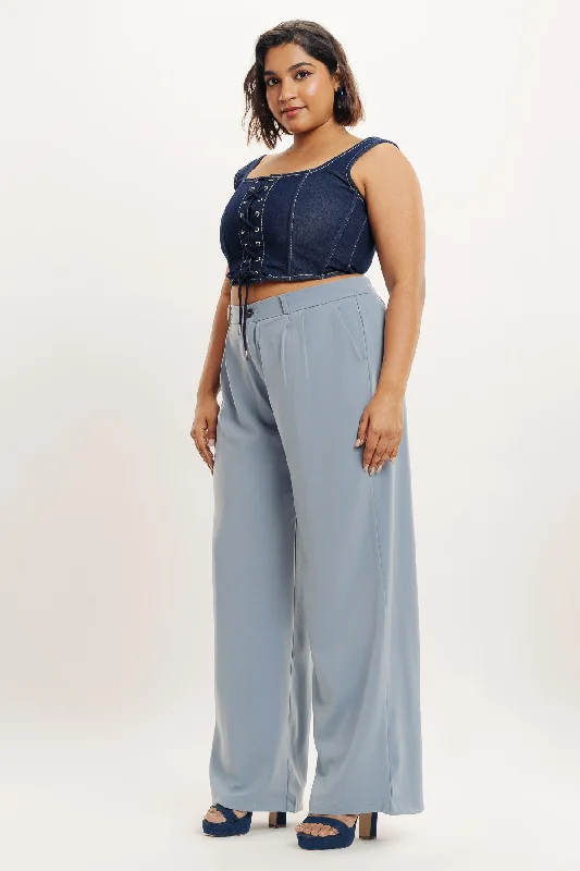 Powder Blue Pleated Straight Fit Curve Korean Pant