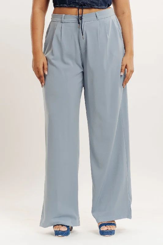 Powder Blue Pleated Straight Fit Curve Korean Pant