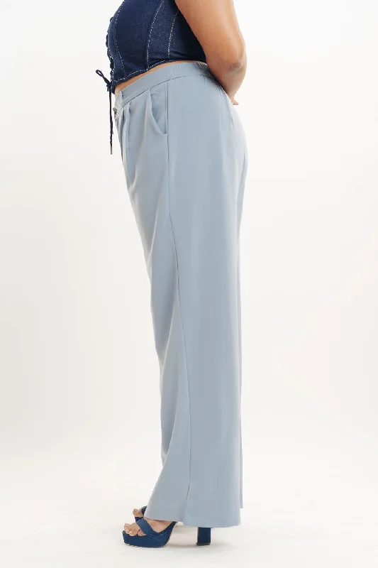 Powder Blue Pleated Straight Fit Curve Korean Pant