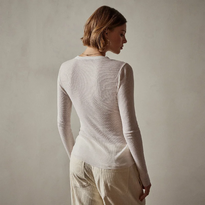 Cotton Cashmere Blend Ribbed Long Sleeve Crew - Ivory