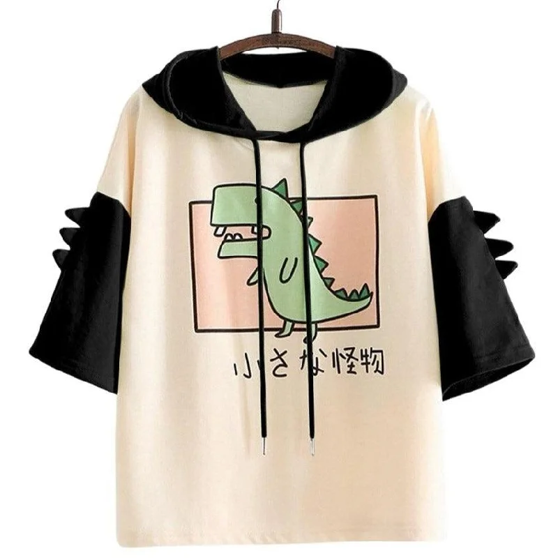 Little Monster Cute Dinosaur Hoodie T-shirt Patchwork Tee Women Pullover Top Harajuku Kawaii Japanese Text