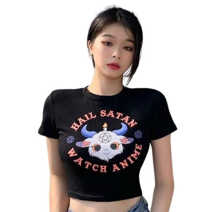 Hail Satan, Watch Anime Cartoon Goat Pentagram Cropped Top: A Cute and Evil Way to Express Yourself