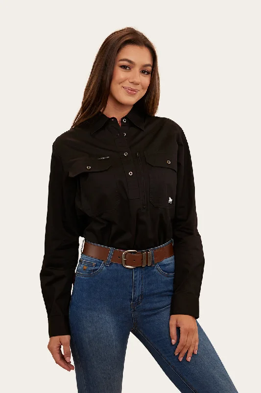 Herefords Womens Half Button Work Shirt - Black/Melon