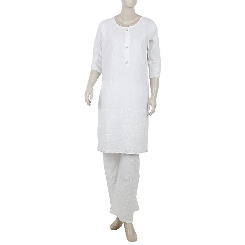 Women's Embroidered 2Pcs Semi Suit For Independence Day - White