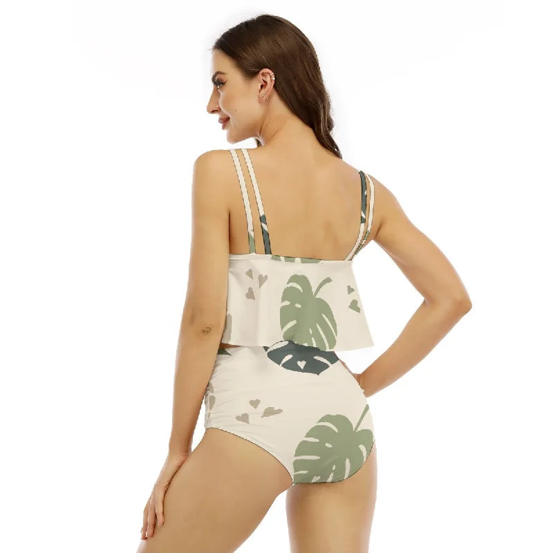 Tropical Leaves Women's Ruffled Vest Bikini Swimsuit