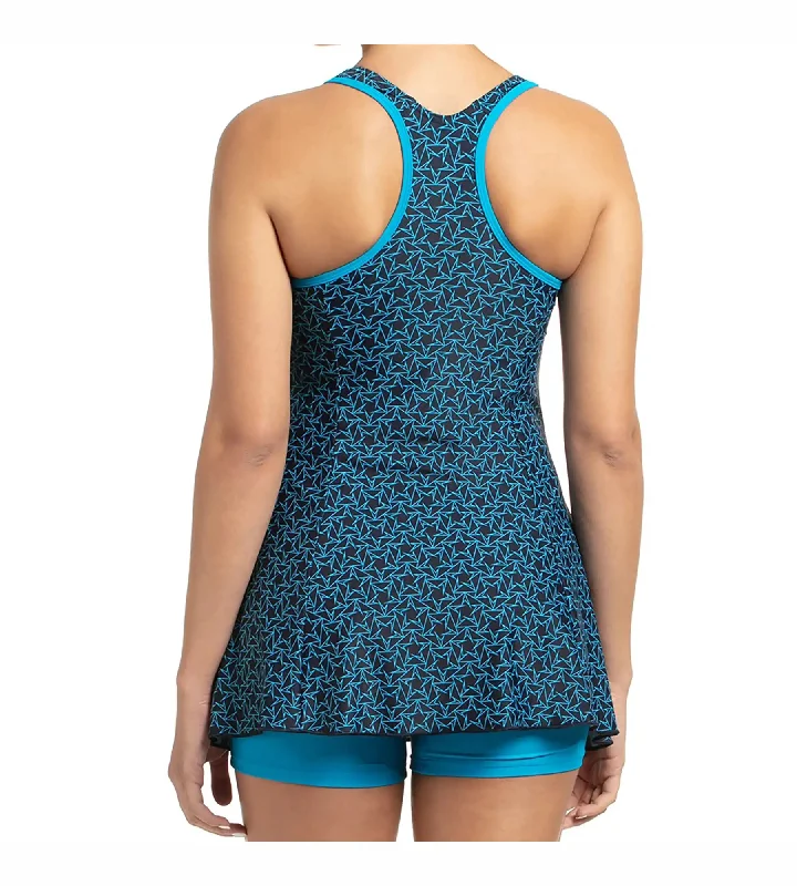 Women's Endurance 10 Boomstar Printed Swimdress With Boyleg - True Navy & Pool