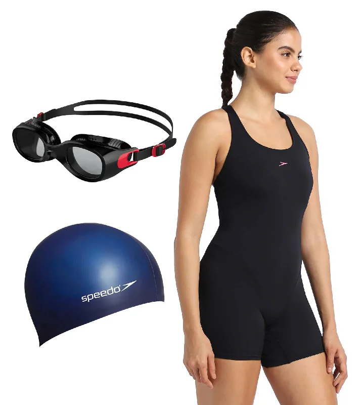 Combo of Goggles, Swim Cap & Legsuit For Women - Black & Navy