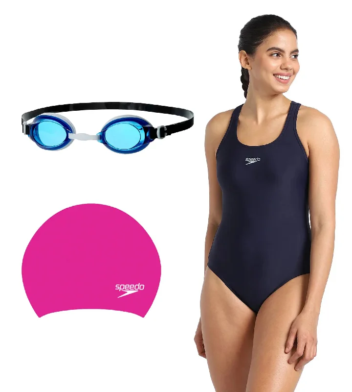 Combo of Goggles, Cap & One Piece Swimwear For Women - Blue, Pink & True Navy