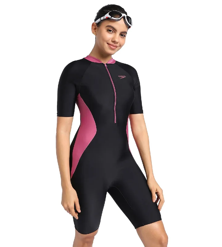 Women's Endurance 10 Essential Panel Kneesuit Swimwear - Black & Hotmauve