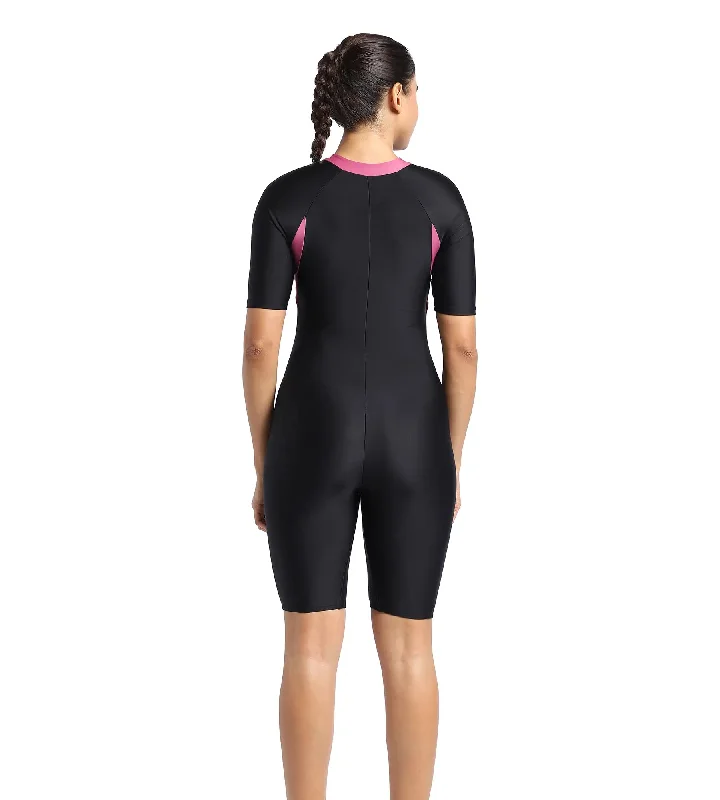 Women's Endurance 10 Essential Panel Kneesuit Swimwear - Black & Hotmauve