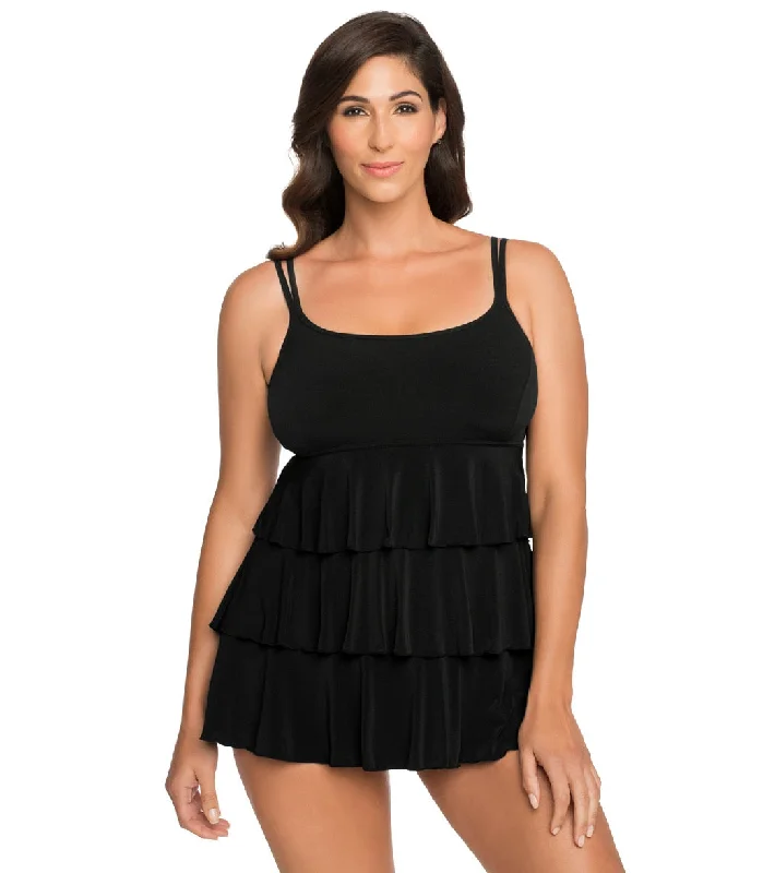 Longitude Women's Night Gala Triple Tier Long Torso Swim Dress Black